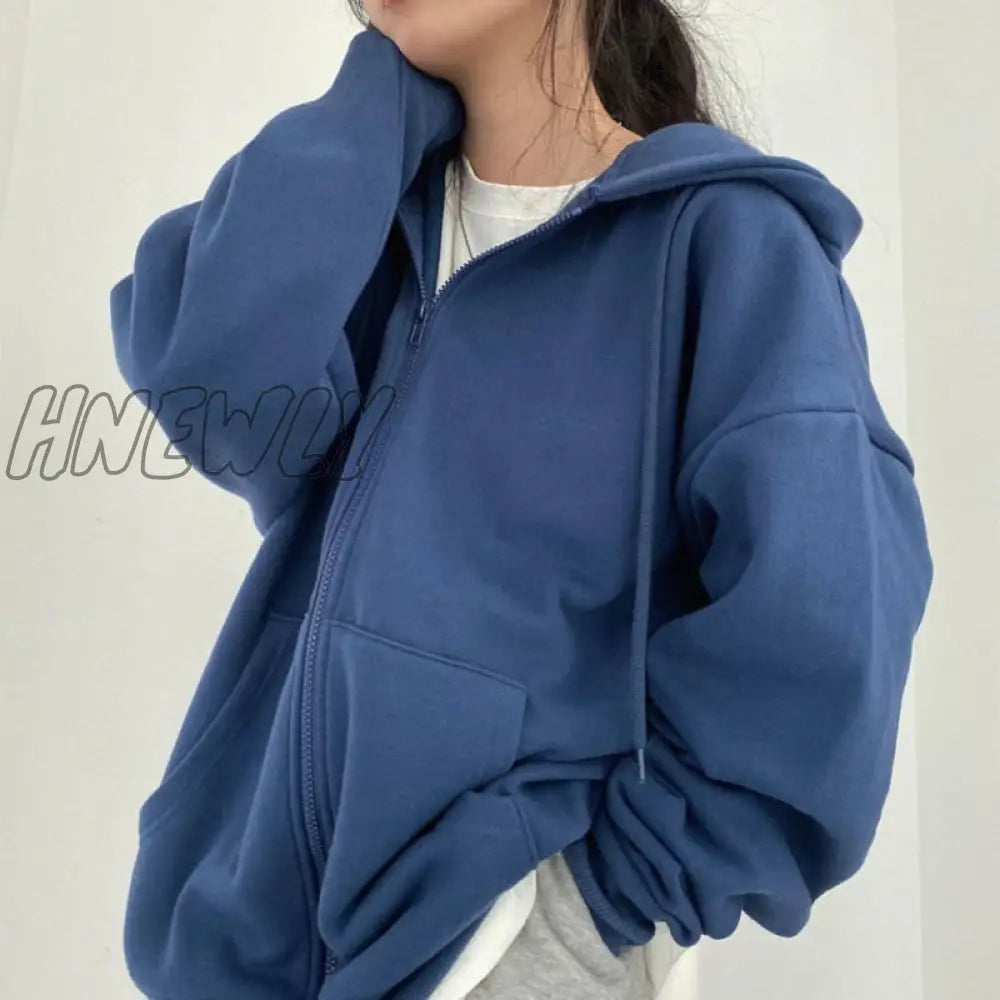 Hnewly Women Harajuku Korean Version Hoodie Female Vintage Solid Long Sleeve Loose Coats Y2K Casual
