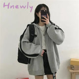 Hnewly Women Harajuku Korean Version Hoodie Female Vintage Solid Long Sleeve Loose Coats Y2K Casual