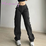 Hnewly Women Jeans Straight Pants 2024 New Multi-Pocket Cargo Loose Casual Denim Trousers Women’s