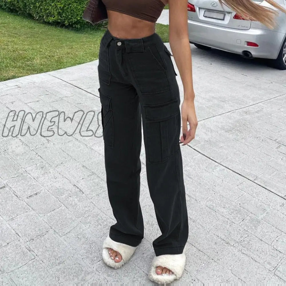 Hnewly Women Jeans Straight Pants 2024 New Multi-Pocket Cargo Loose Casual Denim Trousers Women’s