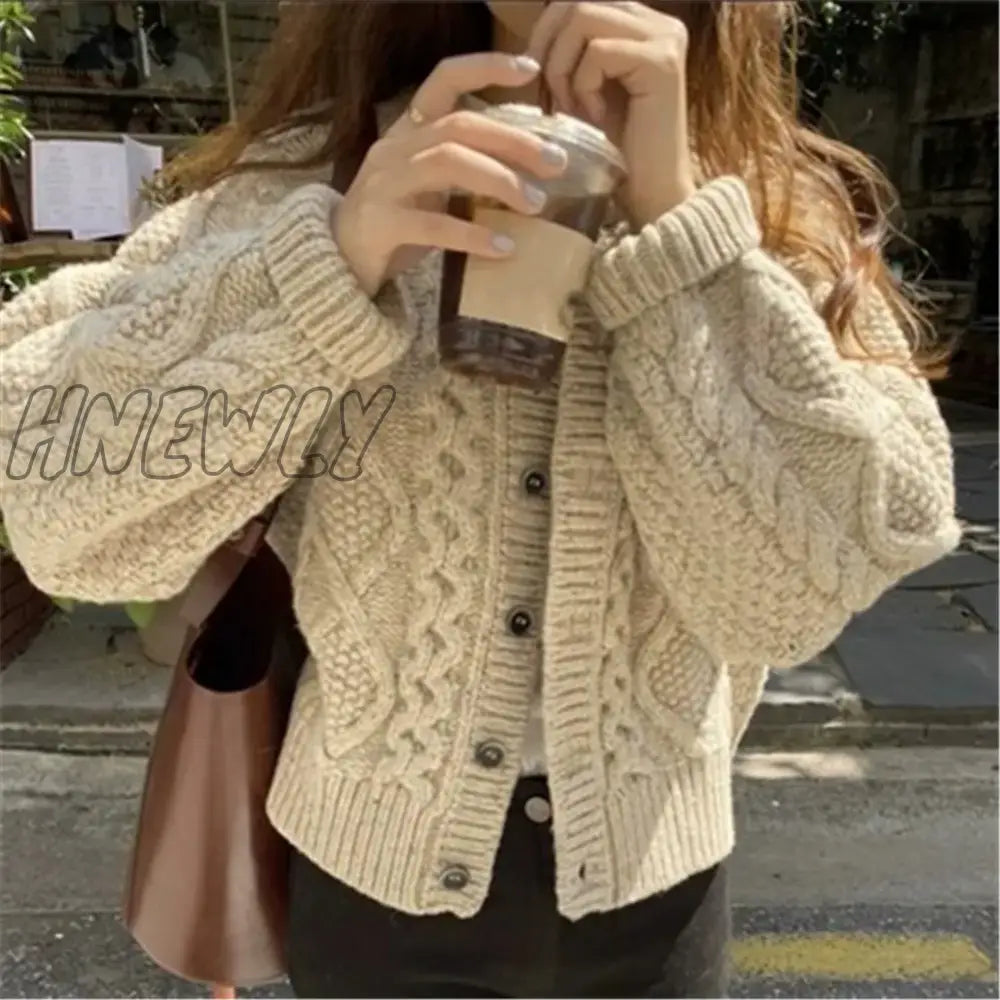 Hnewly Women Knitted Cardigan Sweater Korean Autumn Winter Coat Round Neck Single Breasted Loose