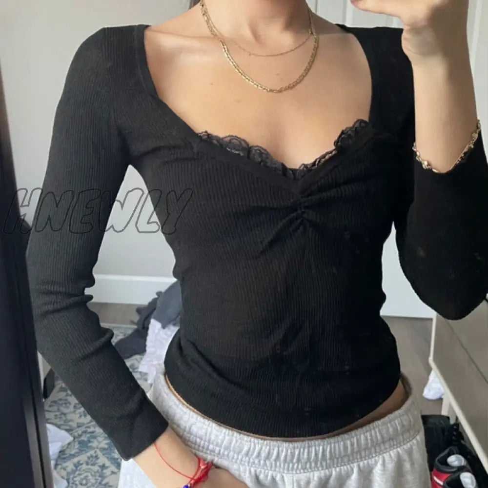 Hnewly Women Lace T Shirts Y2K Fairy Grunge Top Long Sleeve Knitted Clothes Autumn 2000S Streetwear