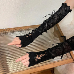 Hnewly Women Lolita Jk Lace Fingerless Gloves Black Gothic Diy Strapping Sunscreen Sleeve Clothing