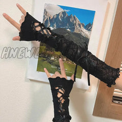 Hnewly Women Lolita Jk Lace Fingerless Gloves Black Gothic Diy Strapping Sunscreen Sleeve Clothing