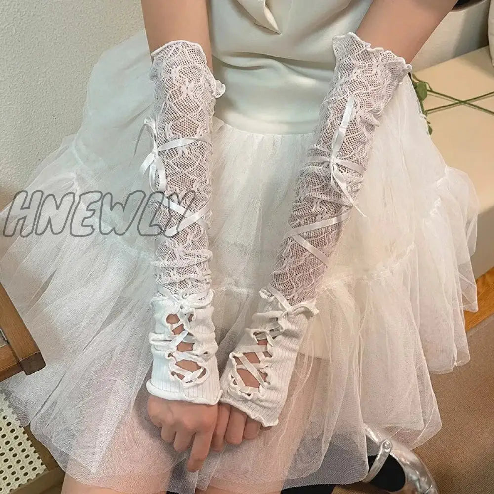 Hnewly Women Lolita Jk Lace Fingerless Gloves Black Gothic Diy Strapping Sunscreen Sleeve Clothing