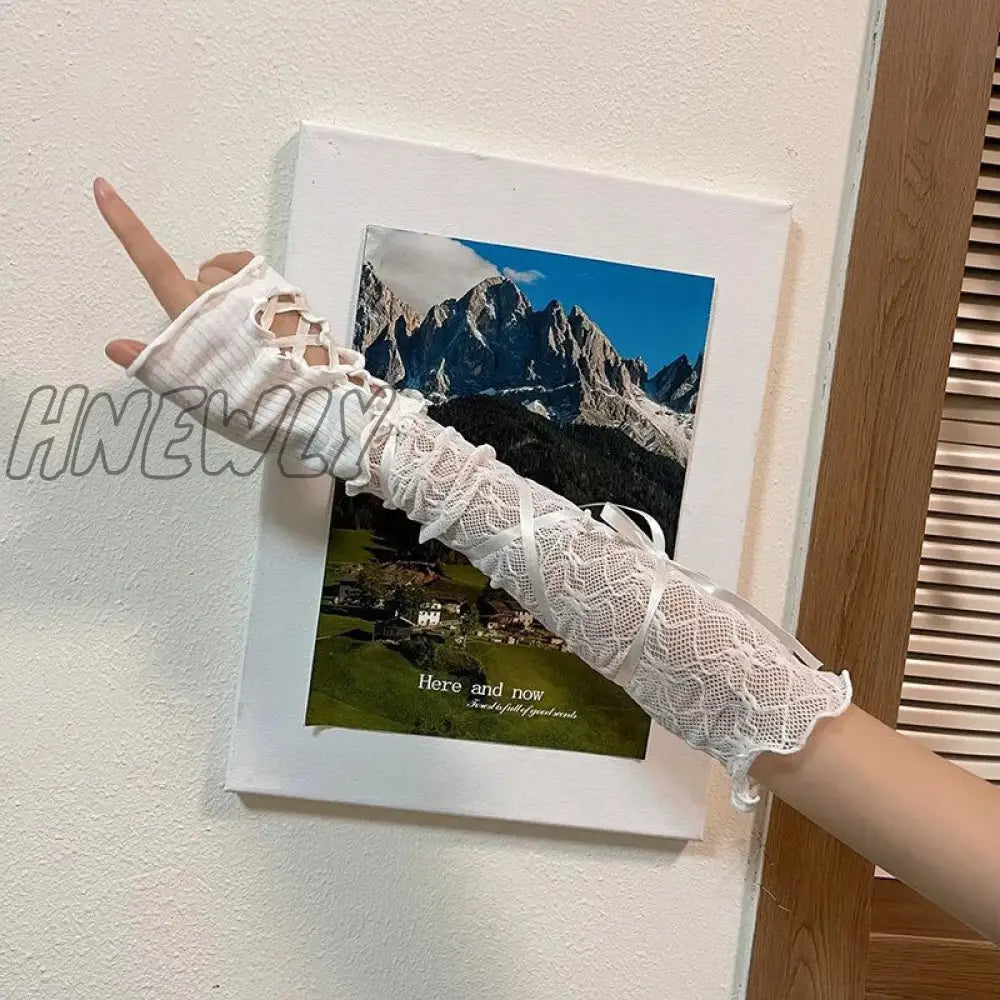 Hnewly Women Lolita Jk Lace Fingerless Gloves Black Gothic Diy Strapping Sunscreen Sleeve Clothing