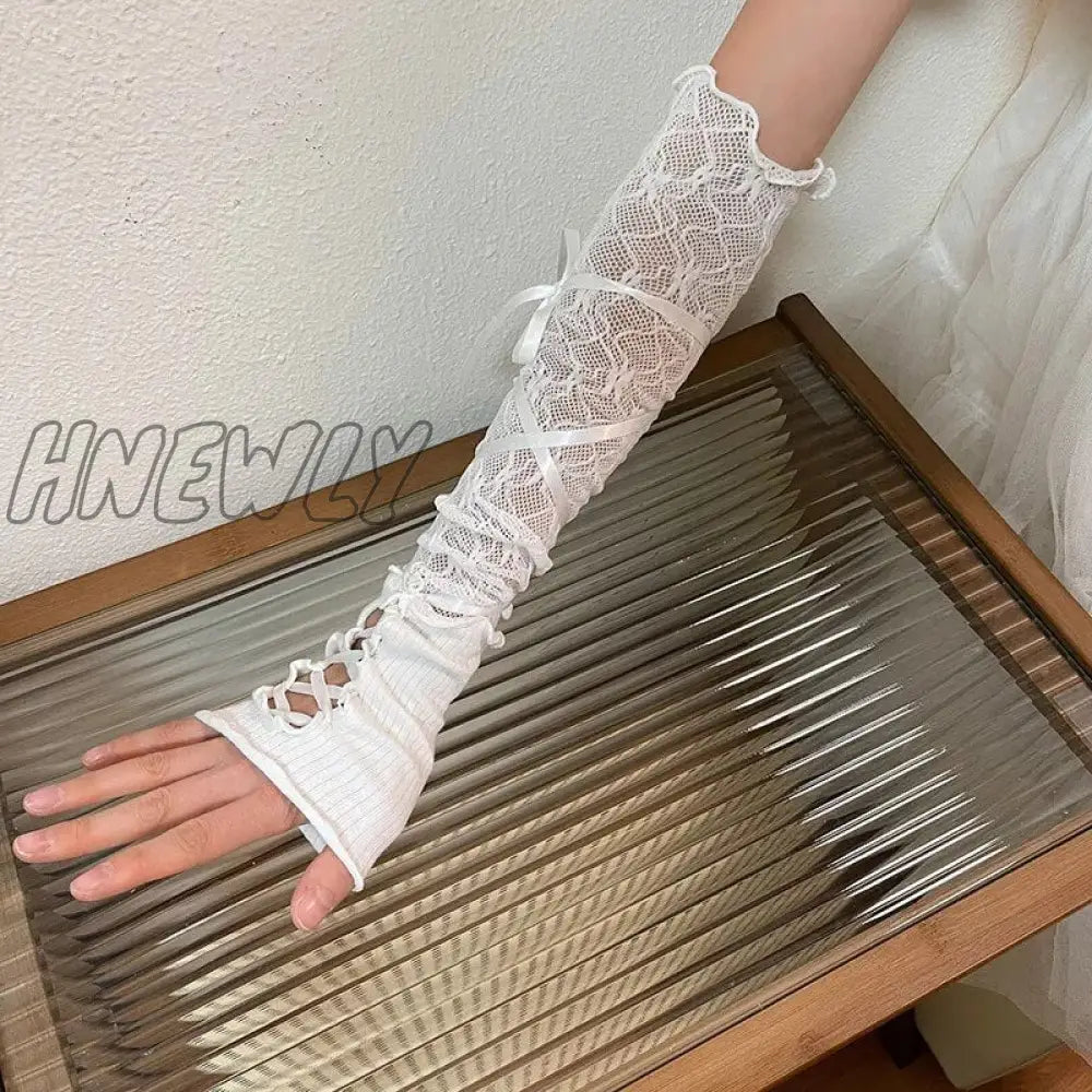 Hnewly Women Lolita Jk Lace Fingerless Gloves Black Gothic Diy Strapping Sunscreen Sleeve Clothing
