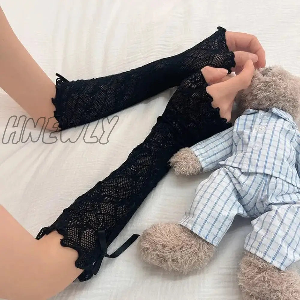 Hnewly Women Lolita Jk Lace Fingerless Gloves Black Gothic Diy Strapping Sunscreen Sleeve Clothing