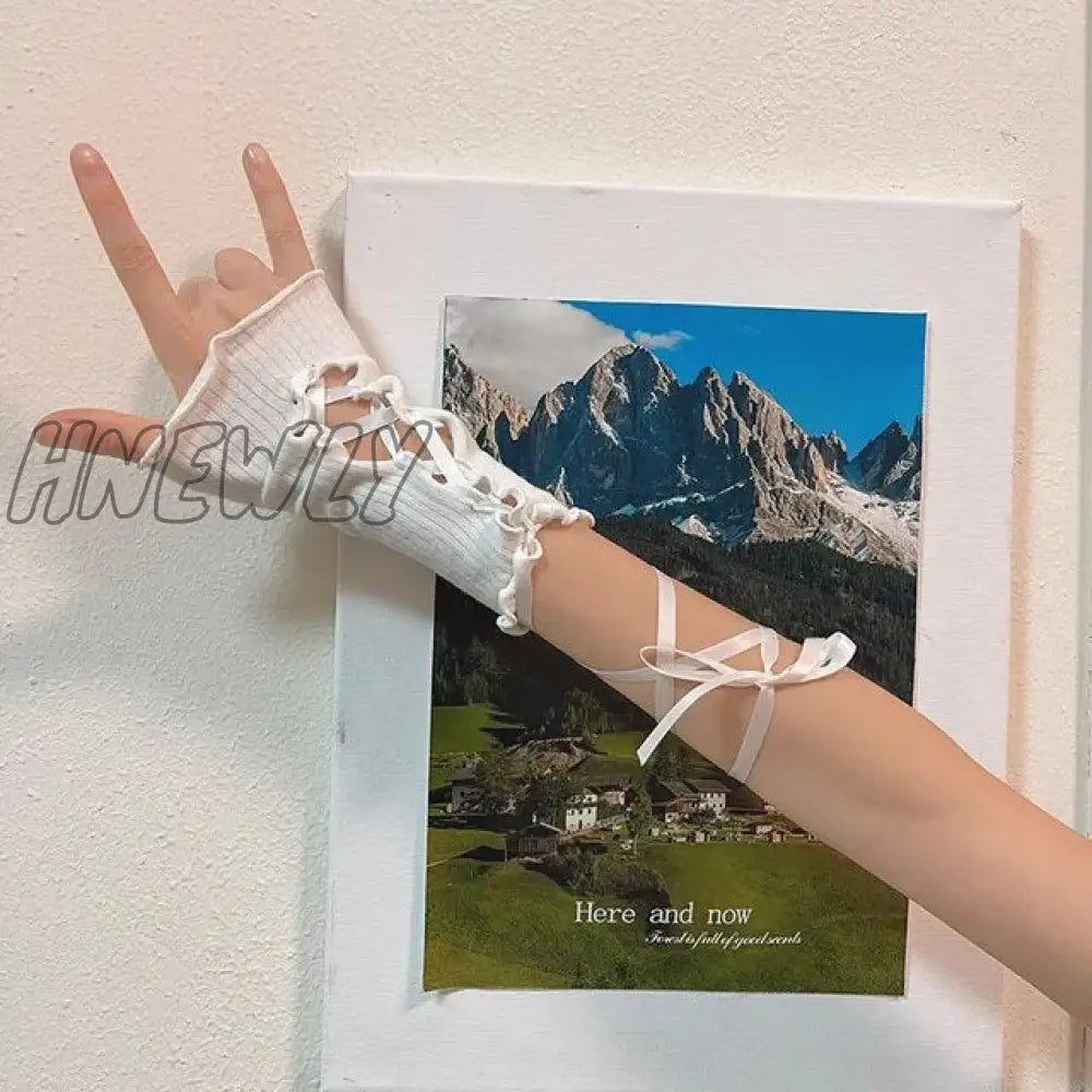 Hnewly Women Lolita Jk Lace Fingerless Gloves Black Gothic Diy Strapping Sunscreen Sleeve Clothing