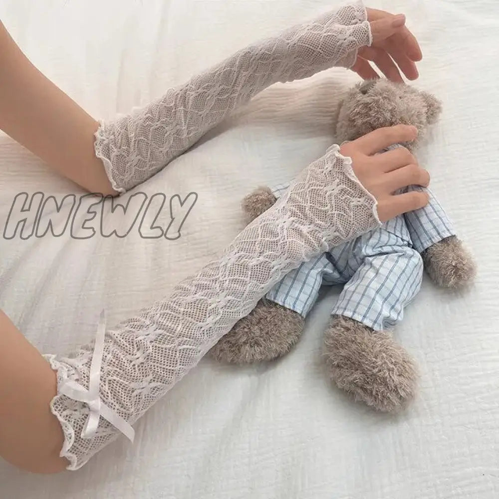 Hnewly Women Lolita Jk Lace Fingerless Gloves Black Gothic Diy Strapping Sunscreen Sleeve Clothing