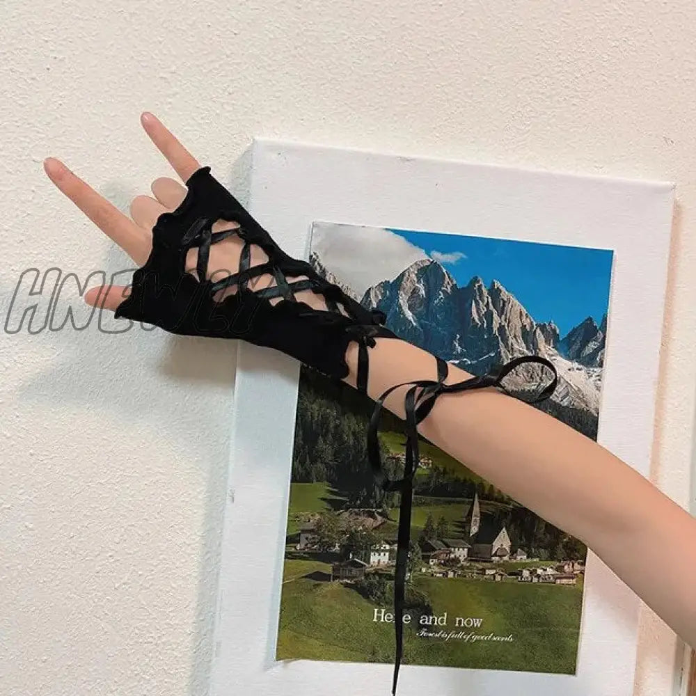Hnewly Women Lolita Jk Lace Fingerless Gloves Black Gothic Diy Strapping Sunscreen Sleeve Clothing