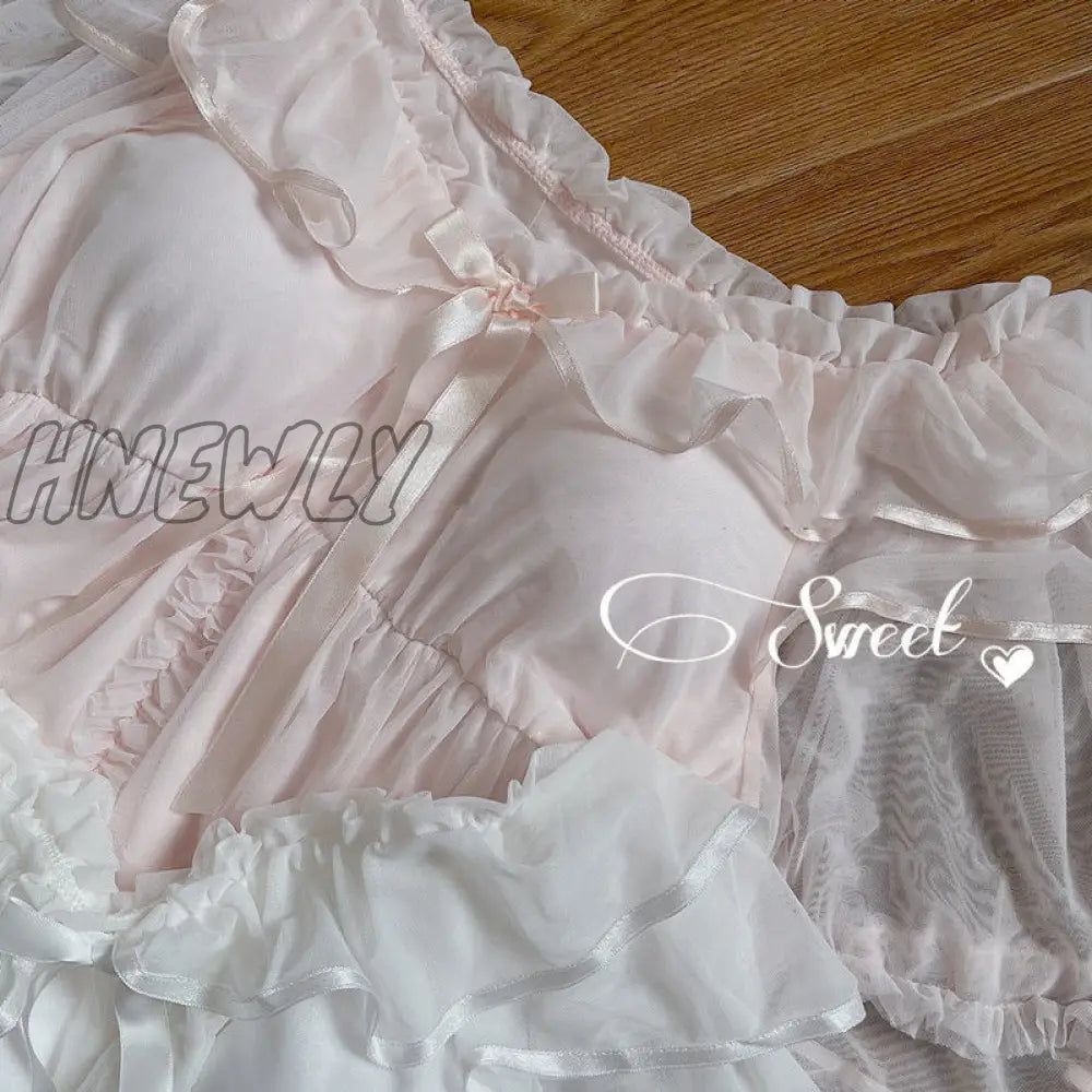 Hnewly Women Lolita Sweet Pink Princess Dress Vintage Royal Style Lace Mesh Nightgowns.ladies Tulle
