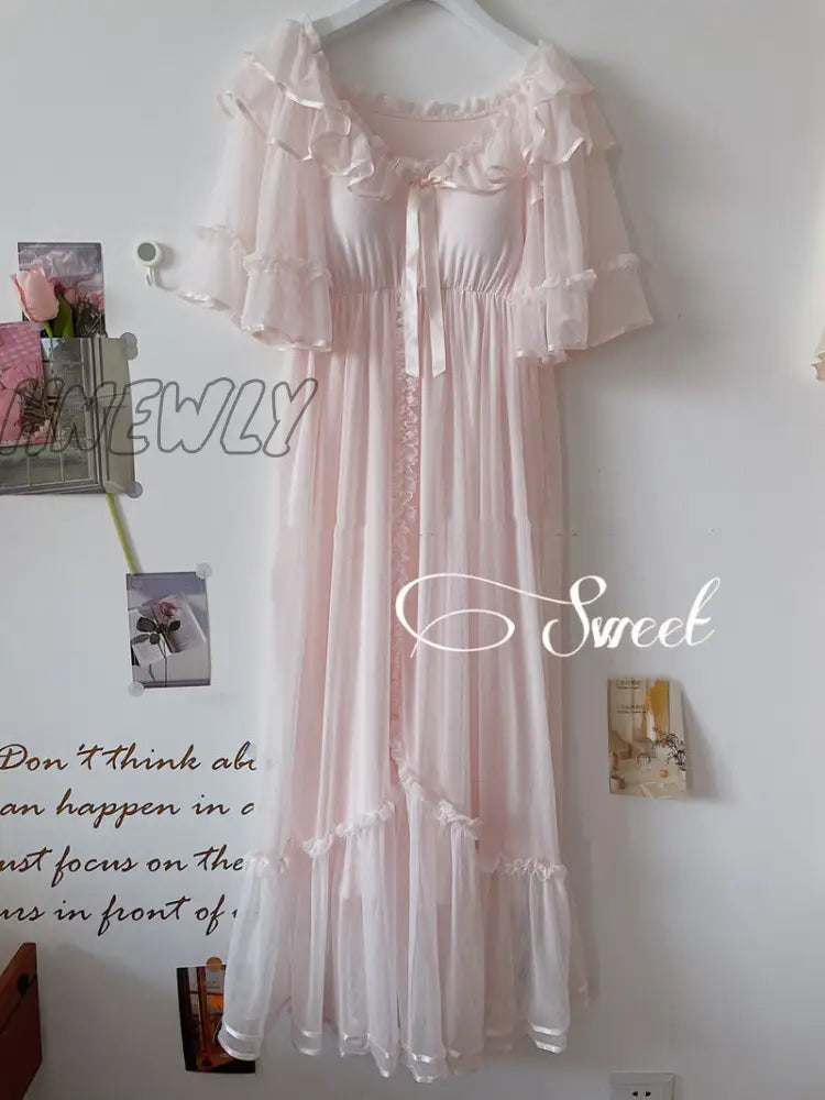 Hnewly Women Lolita Sweet Pink Princess Dress Vintage Royal Style Lace Mesh Nightgowns.ladies Tulle