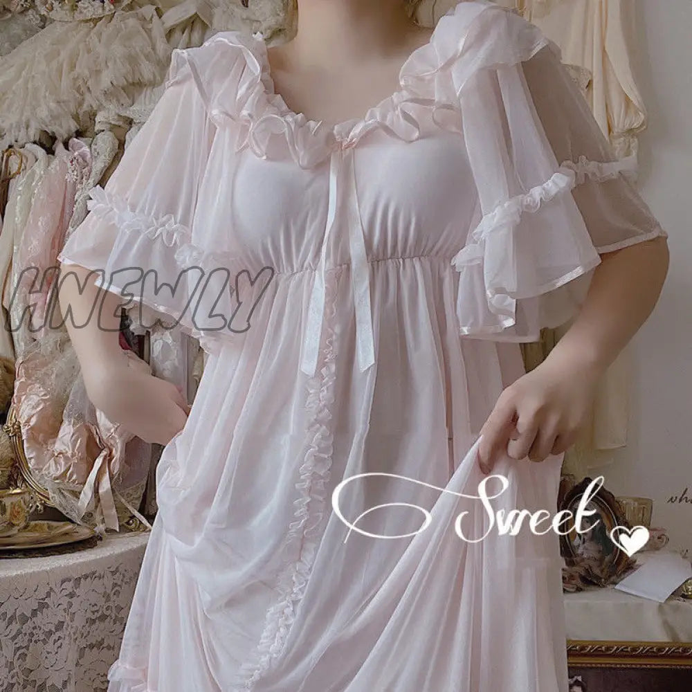 Hnewly Women Lolita Sweet Pink Princess Dress Vintage Royal Style Lace Mesh Nightgowns.ladies Tulle