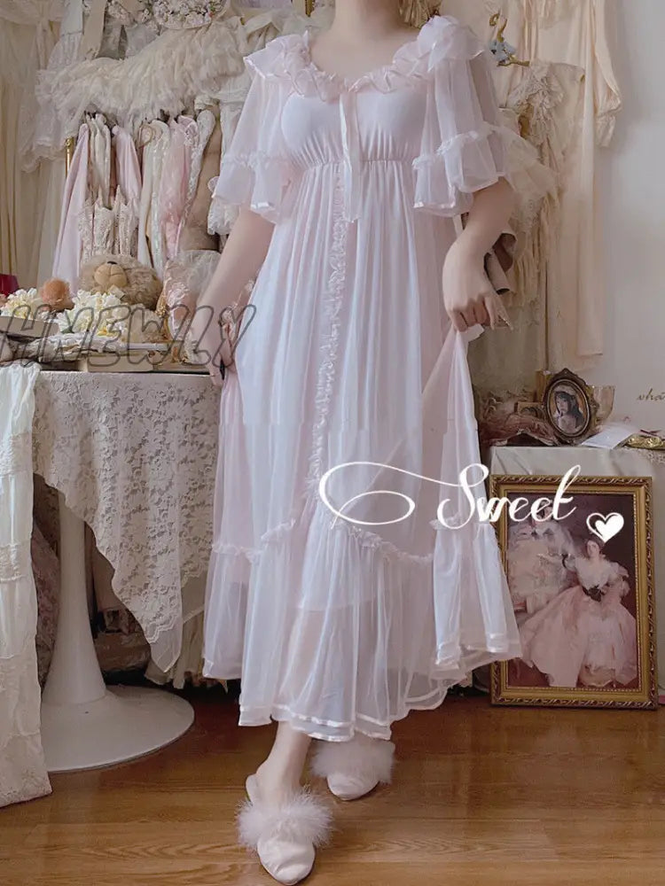 Hnewly Women Lolita Sweet Pink Princess Dress Vintage Royal Style Lace Mesh Nightgowns.ladies Tulle