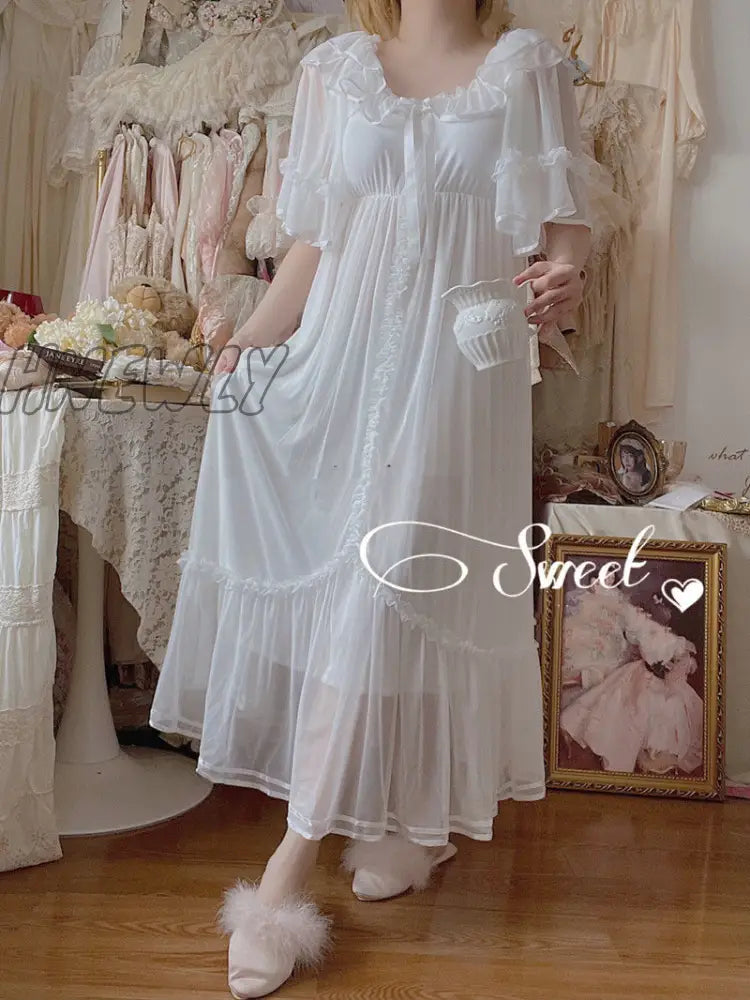Hnewly Women Lolita Sweet Pink Princess Dress Vintage Royal Style Lace Mesh Nightgowns.ladies Tulle