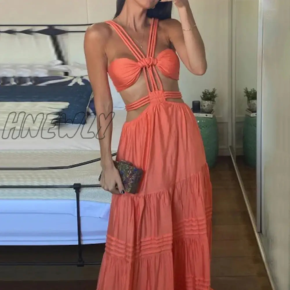 Hnewly Women Long Dresses Summer Fashion Sexy Strap Sleeveless Backless Hollow Out Pleated Solid