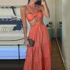 Hnewly Women Long Dresses Summer Fashion Sexy Strap Sleeveless Backless Hollow Out Pleated Solid