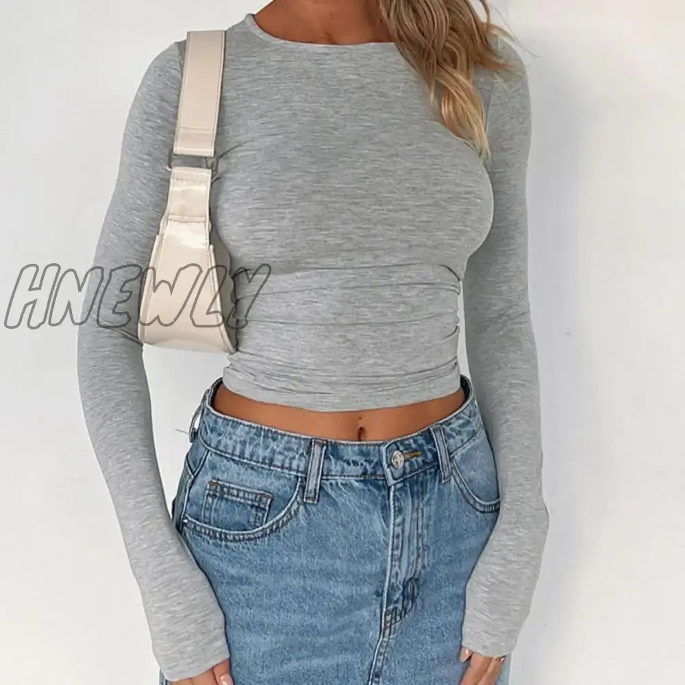 Hnewly Women Long Sleeve Slim T-Shirts O Neck Autumn Winter Causal Solid Tops Pullovers Base Tees