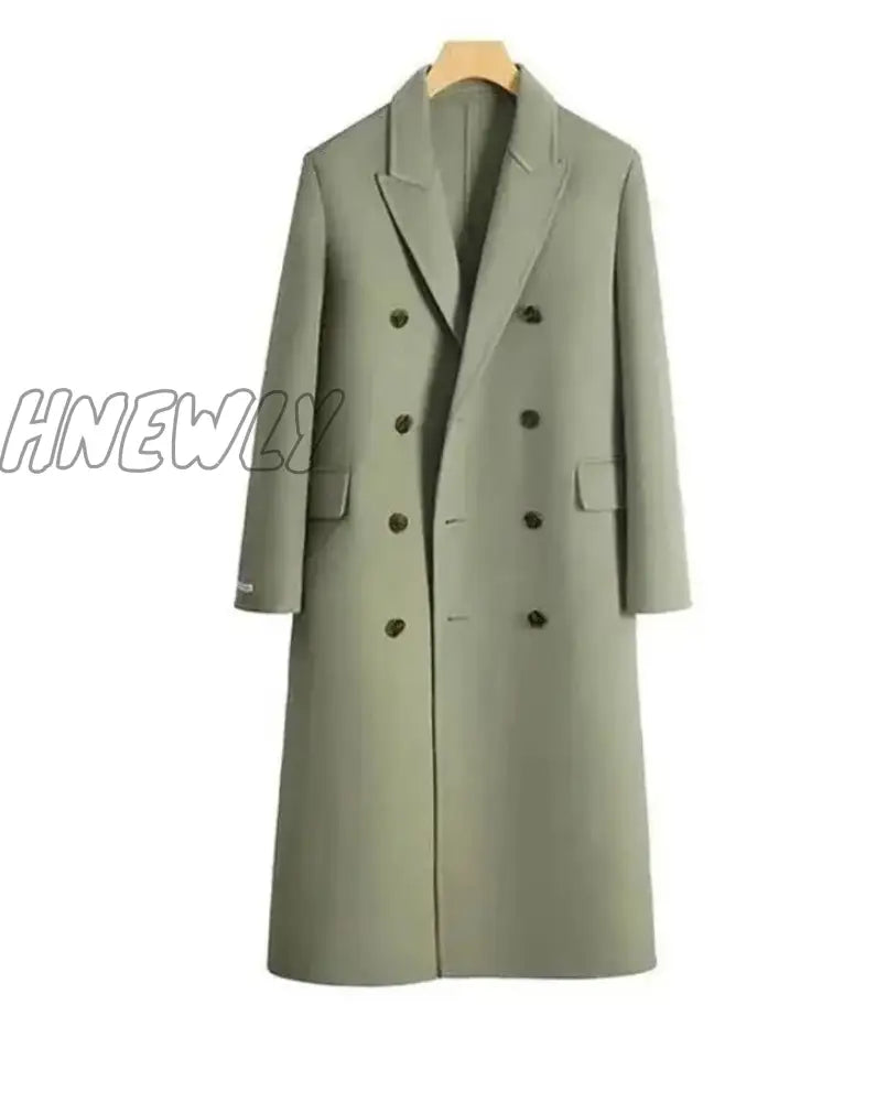 Hnewly Women Long Woolen Windbreaker Coat Korean Loose Fashion Single-Breasted Lapel Coats Female