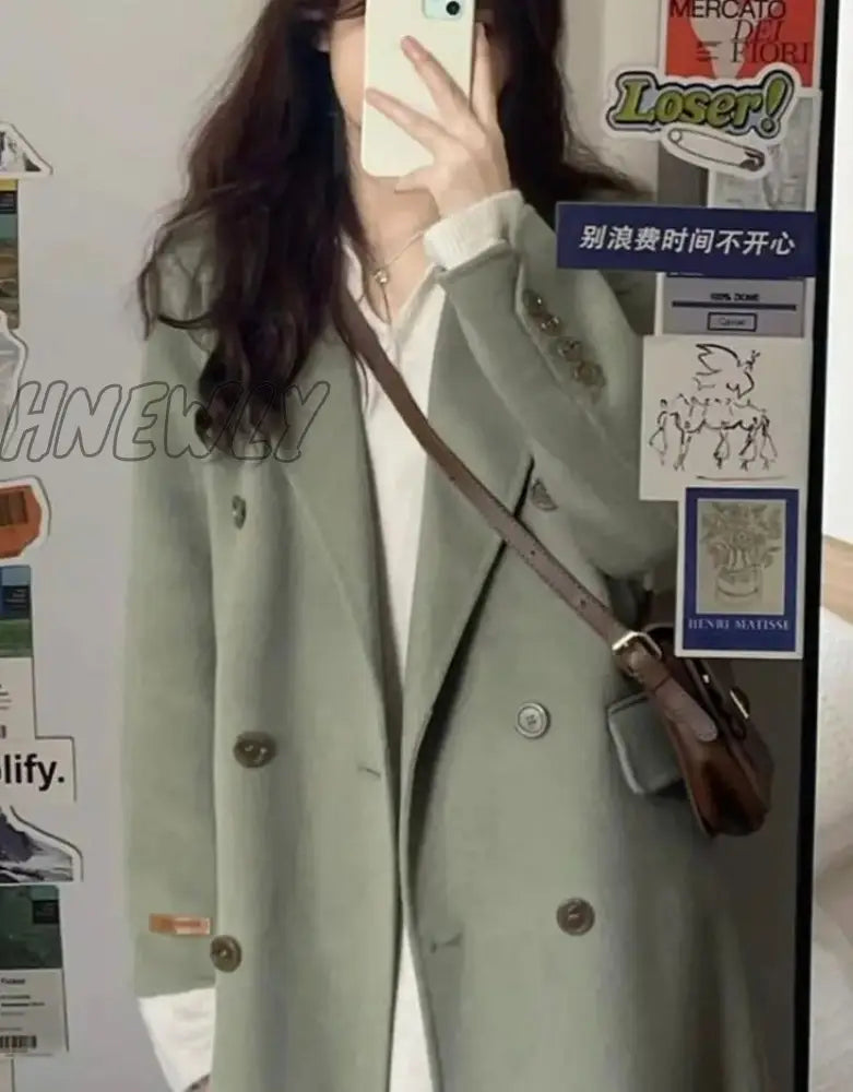 Hnewly Women Long Woolen Windbreaker Coat Korean Loose Fashion Single-Breasted Lapel Coats Female