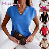 Hnewly Women Loose Blouse Shirts Summer V Neck Short Sleeve Solid Color Tops