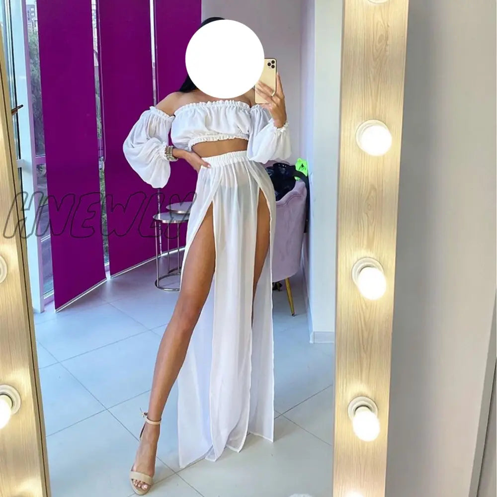 Hnewly Women Mesh Sheer Bikini Cover-Ups Set See-Through Long Sleeve Crop Tops And Cover Up Skirts