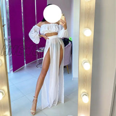 Hnewly Women Mesh Sheer Bikini Cover-Ups Set See-Through Long Sleeve Crop Tops And Cover Up Skirts