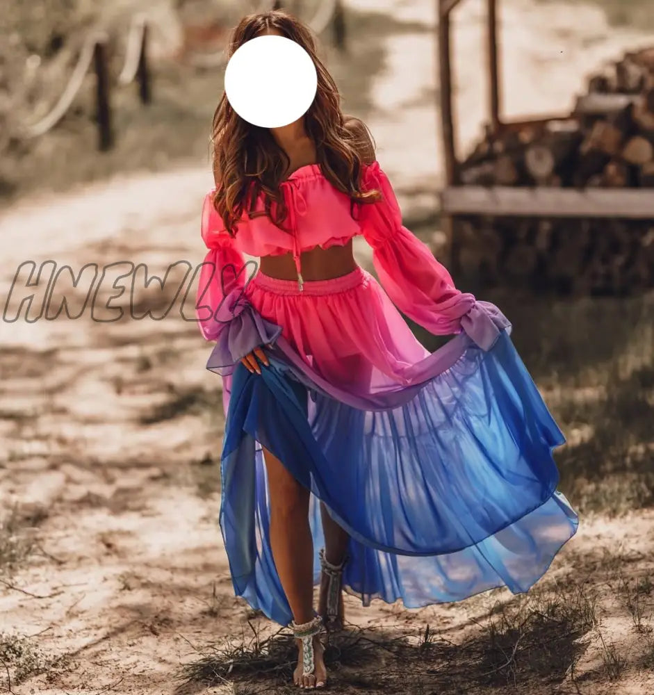 Hnewly Women Mesh Sheer Bikini Cover-Ups Set See-Through Long Sleeve Crop Tops And Cover Up Skirts