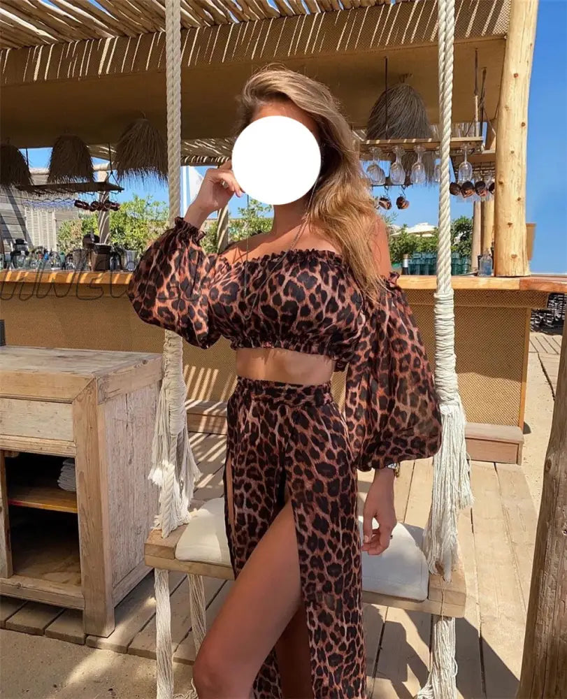 Hnewly Women Mesh Sheer Bikini Cover-Ups Set See-Through Long Sleeve Crop Tops And Cover Up Skirts