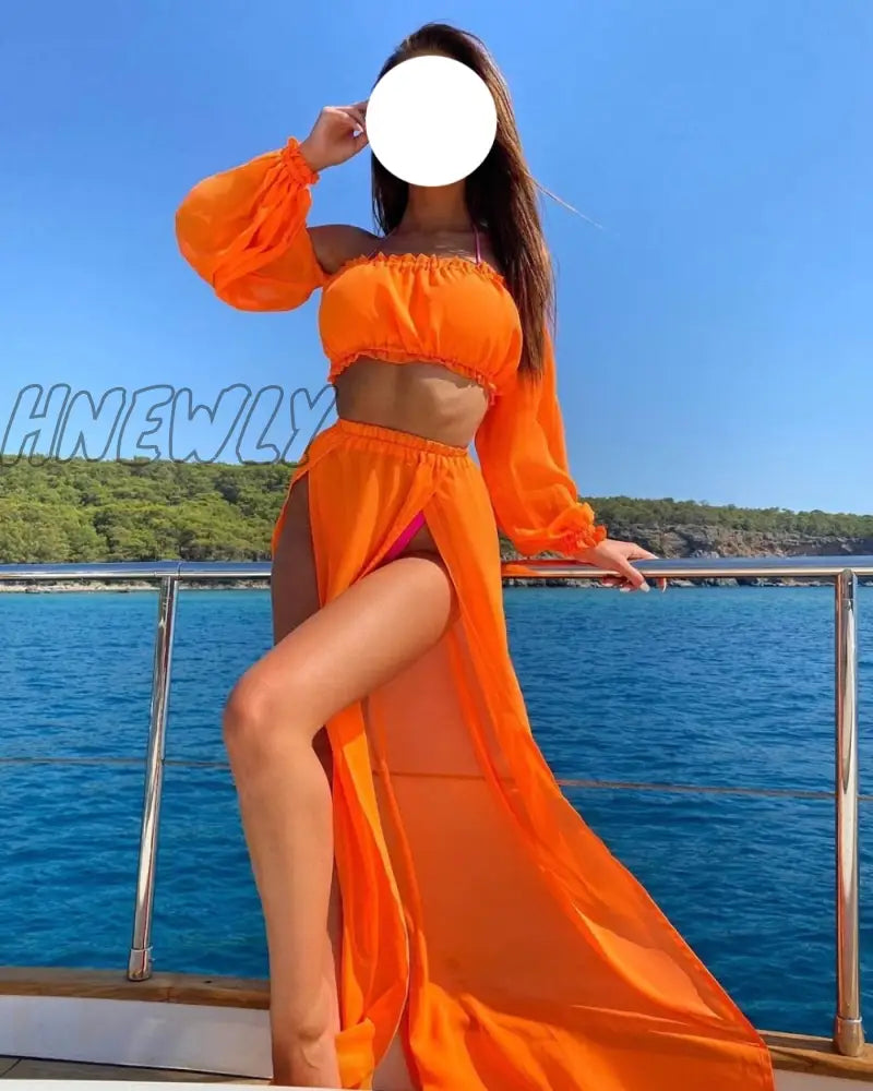 Hnewly Women Mesh Sheer Bikini Cover-Ups Set See-Through Long Sleeve Crop Tops And Cover Up Skirts