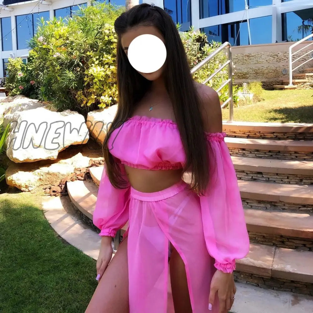 Hnewly Women Mesh Sheer Bikini Cover-Ups Set See-Through Long Sleeve Crop Tops And Cover Up Skirts