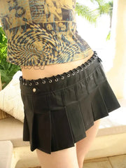 Women Mini Bandage Low Rise Waist Pu Pleated Y2K Shorts Renn Skirt Black