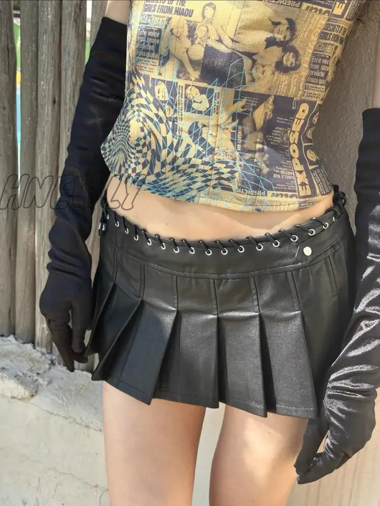 Women Mini Bandage Low Rise Waist Pu Pleated Y2k Shorts  Renn Skirt Black