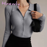 Hnewly Women New Lapel Slim Slimming Tops Ladies Hollow Buttons Sexy V Neck Long Sleeve Polo Knit