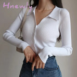 Hnewly Women New Lapel Slim Slimming Tops Ladies Hollow Buttons Sexy V Neck Long Sleeve Polo Knit