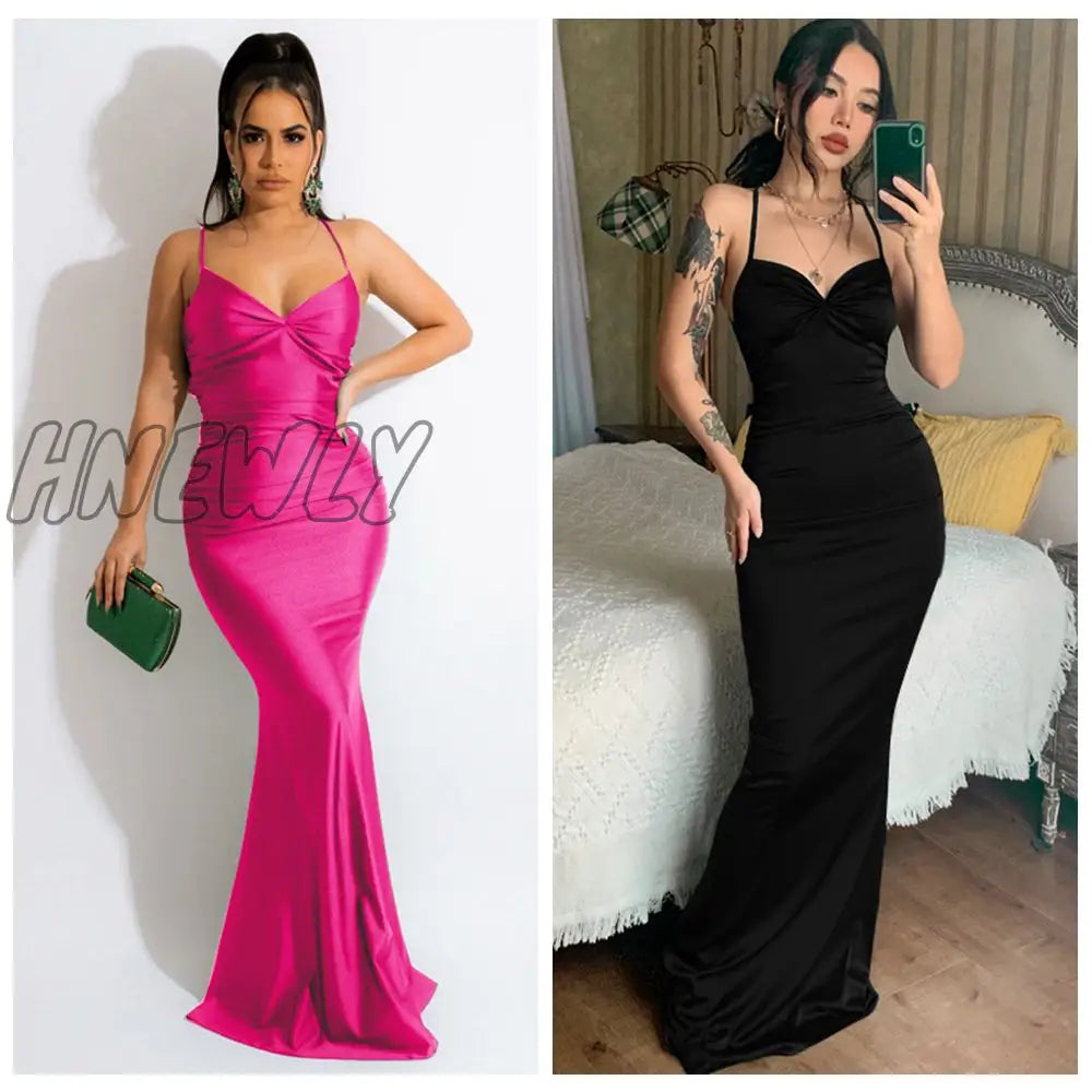 Hnewly Women Party Dress New Arrivals Maxi Satin Bodycon Green Halter Backless Sexy Celebrity Club
