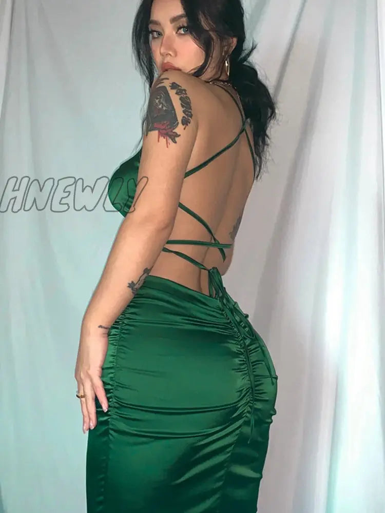 Hnewly Women Party Dress New Arrivals Maxi Satin Bodycon Green Halter Backless Sexy Celebrity Club