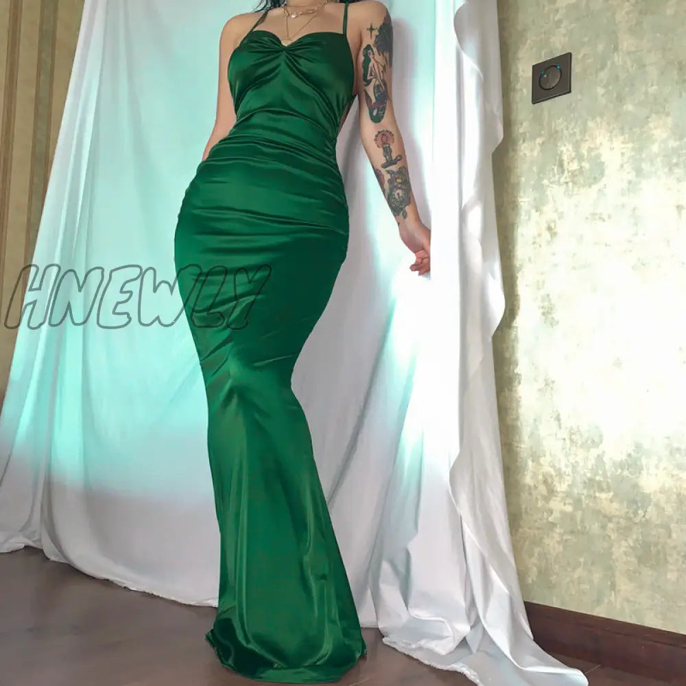 Hnewly Women Party Dress New Arrivals Maxi Satin Bodycon Green Halter Backless Sexy Celebrity Club