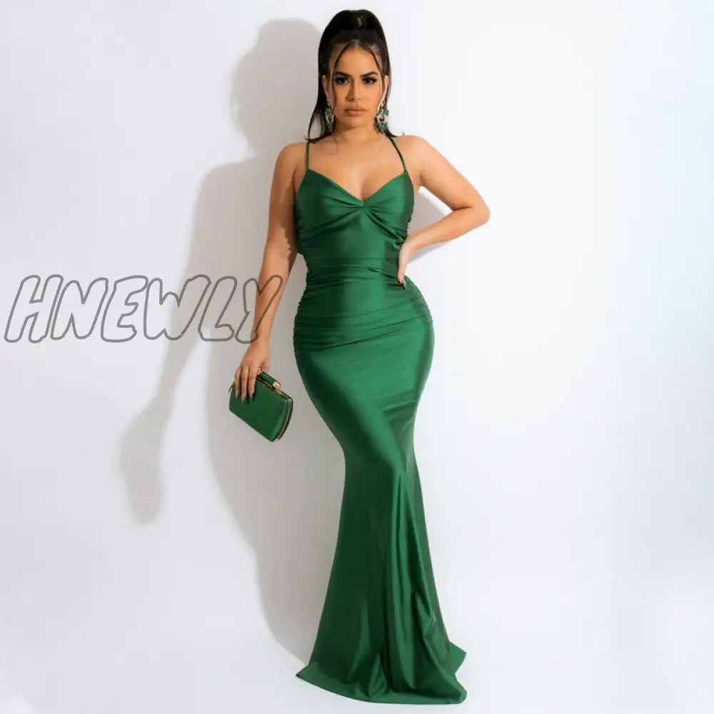 Hnewly Women Party Dress New Arrivals Maxi Satin Bodycon Green Halter Backless Sexy Celebrity Club