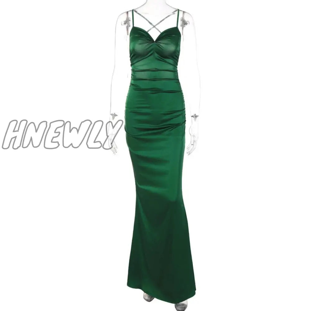 Hnewly Women Party Dress New Arrivals Maxi Satin Bodycon Green Halter Backless Sexy Celebrity Club