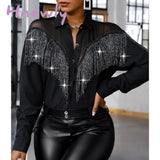 Hnewly Women Patchwork Lapel Button Shirts Fashion Long Sleeve Black Blouse Elegant Office Sequin Shiny Tassel Streetwear Casual Bluse