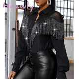 Hnewly Women Patchwork Lapel Button Shirts Fashion Long Sleeve Black Blouse Elegant Office Sequin