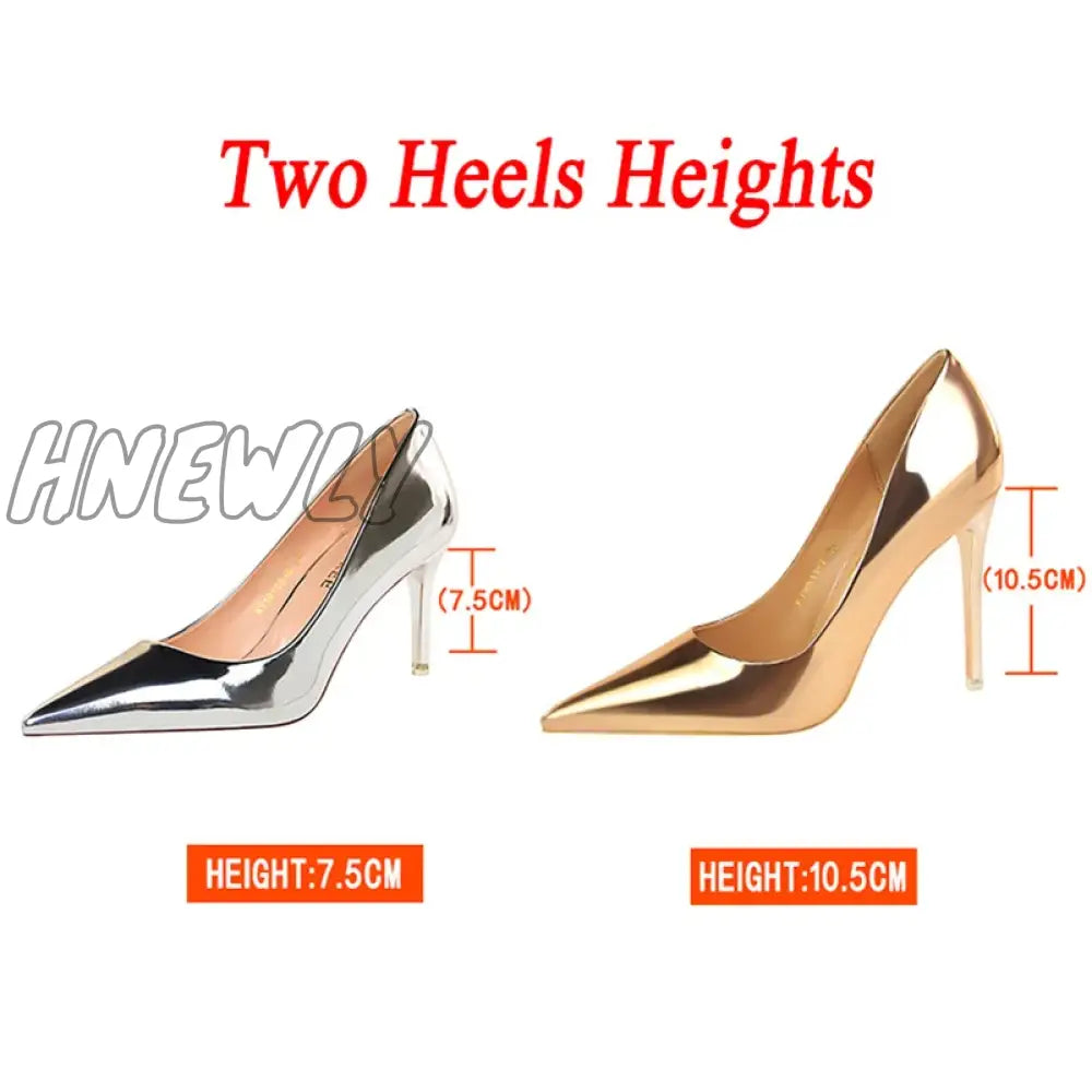 Hnewly Women Patent Leather Pumps 7.5Cm 10.5Cm High Heels Lady Stiletto Low Wedding Bridal Mteallic