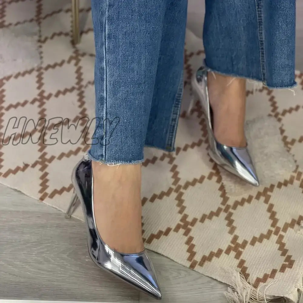 Hnewly Women Patent Leather Pumps 7.5Cm 10.5Cm High Heels Lady Stiletto Low Wedding Bridal Mteallic