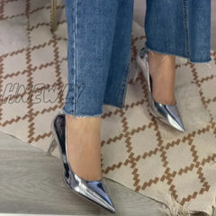 Hnewly Women Patent Leather Pumps 7.5Cm 10.5Cm High Heels Lady Stiletto Low Wedding Bridal Mteallic