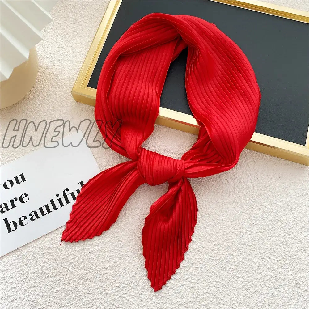 Hnewly Women Pleated Satin Scarf Headscarf Neckerchief Skinny Ribbon Square Hair Tie Band Kerchief