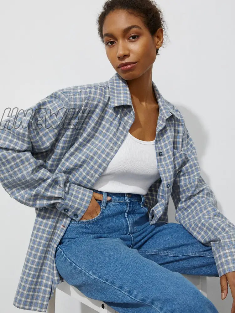 Hnewly Women Retro Plaid Turn Down Collar Shirts Spring Autumn Office Ladies Pink Single-Breasted