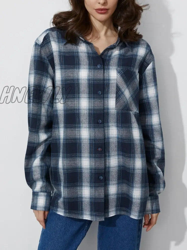 Hnewly Women Retro Plaid Turn Down Collar Shirts Spring Autumn Office Ladies Pink Single-Breasted