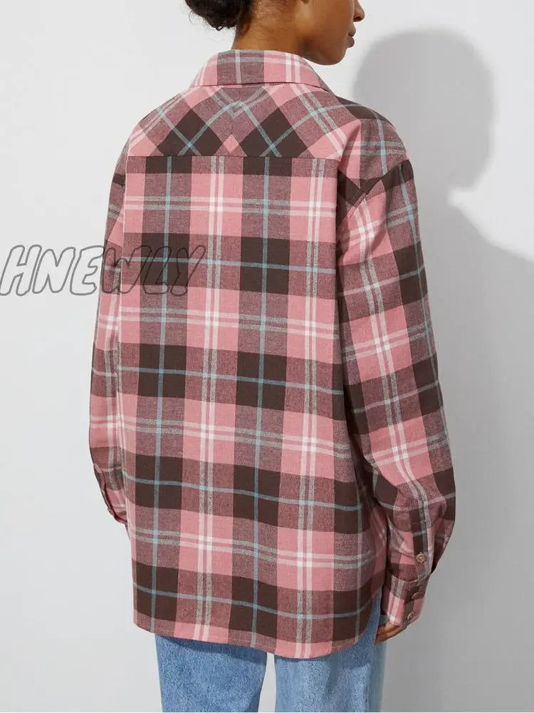 Hnewly Women Retro Plaid Turn Down Collar Shirts Spring Autumn Office Ladies Pink Single-Breasted
